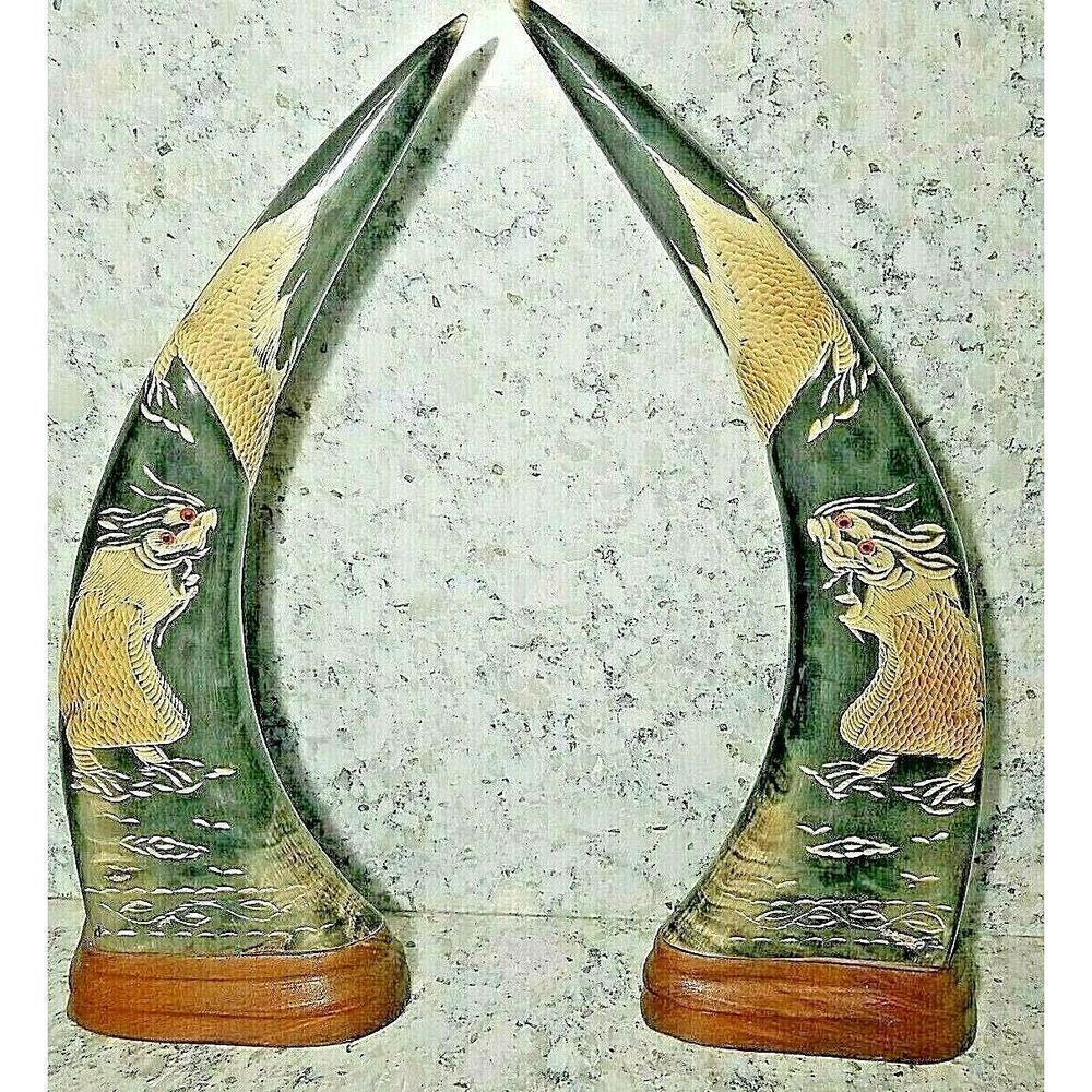 Carved Water Buffalo Horns with Oriental Dragons‎ on Wood VINTAGE Pair 14" Long